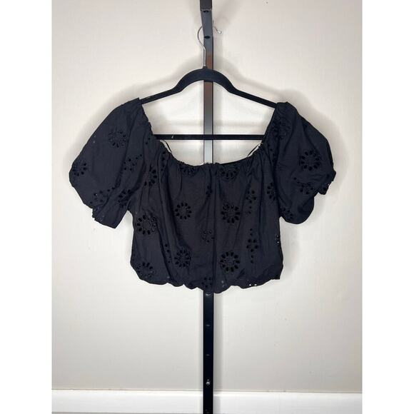 WAYF Brooke Off The Shoulder Black Eyelet Crop Top Puff Sleeves - Picture 3 of 7